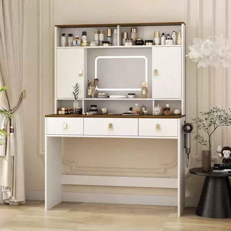 43-Inch Farmhouse Makeup Vanity Desk with Lighted Mirror, Organized Storage, Hair Dryer Holder for Bedroom, Natural Finish