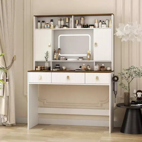 43-Inch Farmhouse Makeup Vanity Desk with Lighted Mirror, Organized Storage, Hair Dryer Holder for Bedroom, Natural Finish