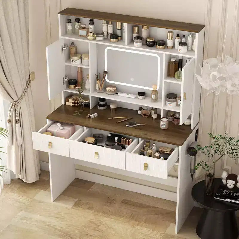 43-Inch Farmhouse Makeup Vanity Desk with Lighted Mirror, Organized Storage, Hair Dryer Holder for Bedroom, Natural Finish