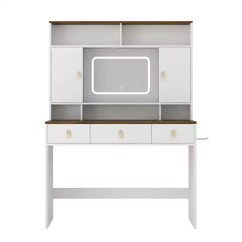 43-Inch Farmhouse Makeup Vanity Desk with Lighted Mirror, Organized Storage, Hair Dryer Holder for Bedroom, Natural Finish