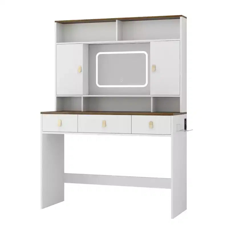 43-Inch Farmhouse Makeup Vanity Desk with Lighted Mirror, Organized Storage, Hair Dryer Holder for Bedroom, Natural Finish