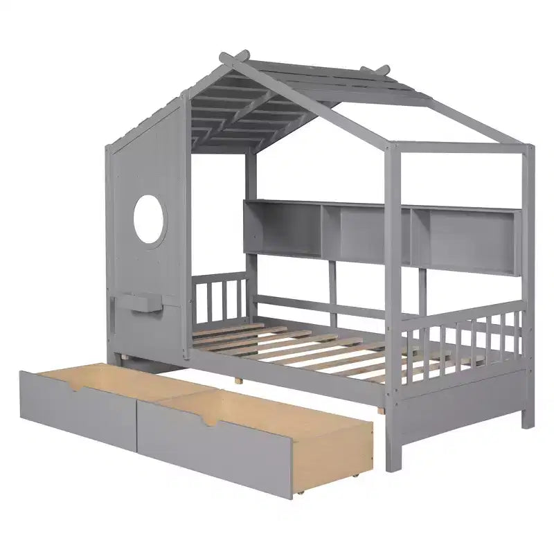 Letto a casetta in legno per bambini, piazza singola/matrimoniale, con 2 cassetti e ripiano portaoggetti - ModernLuxe