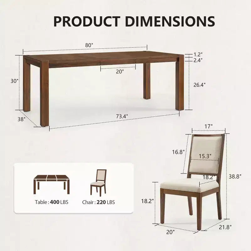 Set da Pranzo Moderno - Tavolo 80" + 6 Sedie Imbottite, Struttura in Legno Massello, Capacità Tavolo 400 libbre, Facile Montaggio