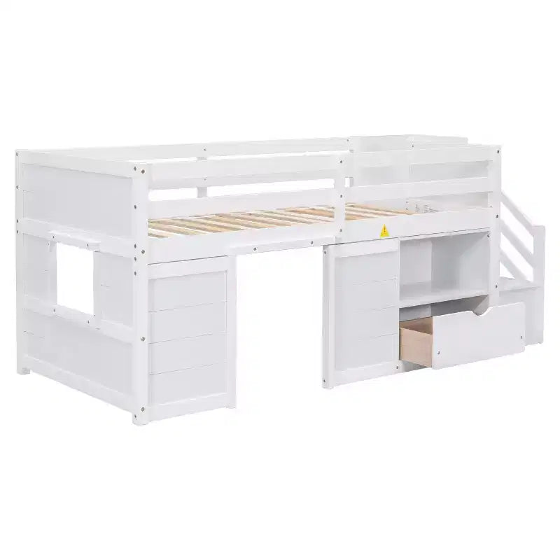 Letto a soppalco basso in legno massiccio, piazza e mezza, 94.6L x 42.3W, con scala, cassetto e mensola, design moderno e pulito