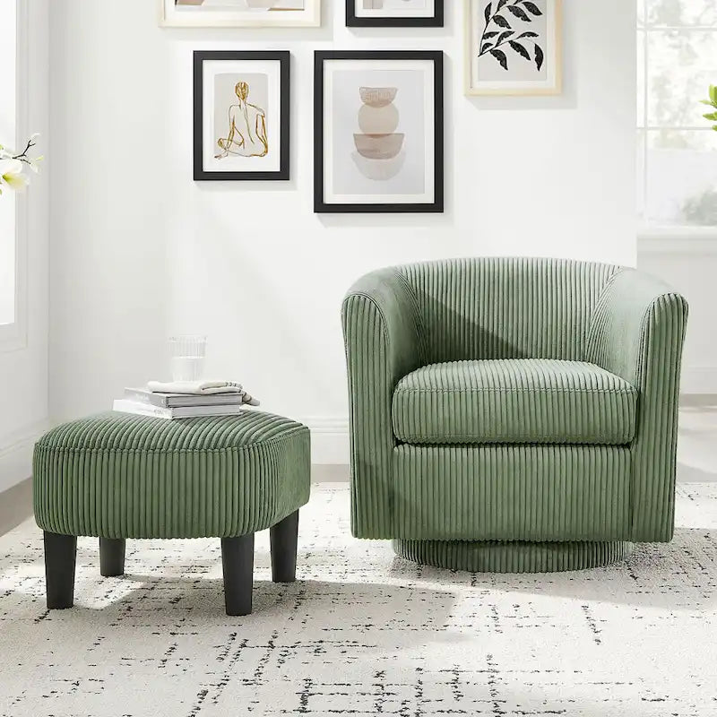 Poltrona imbottita girevole a 360° verde 26.38 con pouf