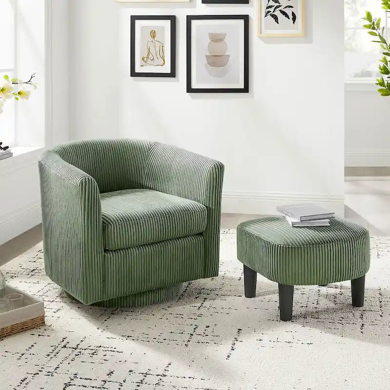 Poltrona imbottita girevole a 360° verde 26.38 con pouf