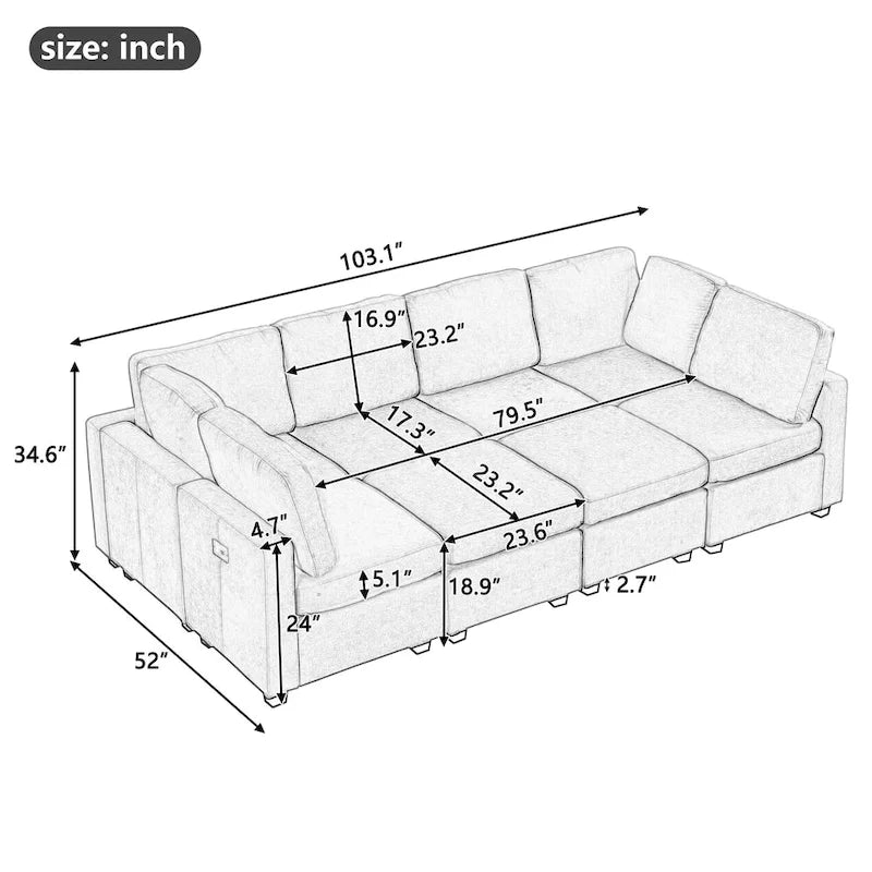 103 Sectional Sofa Couch Sofa Bed U-shaped Sofa with Two Movable Ottoman and Three USB Ports for Living Room, Beige