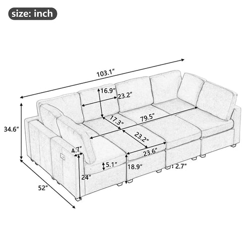 103 Sectional Sofa Couch Sofa Bed U-shaped Sofa with Two Movable Ottoman and Three USB Ports for Living Room, Beige