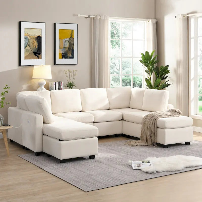 103 Sectional Sofa Couch Sofa Bed U-shaped Sofa with Two Movable Ottoman and Three USB Ports for Living Room, Beige