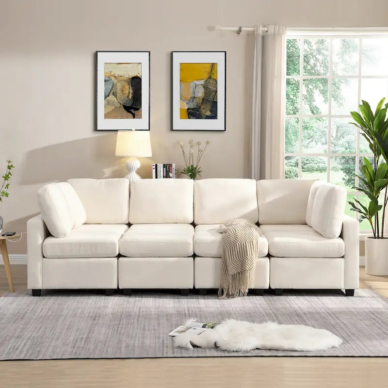 103 Sectional Sofa Couch Sofa Bed U-shaped Sofa with Two Movable Ottoman and Three USB Ports for Living Room, Beige