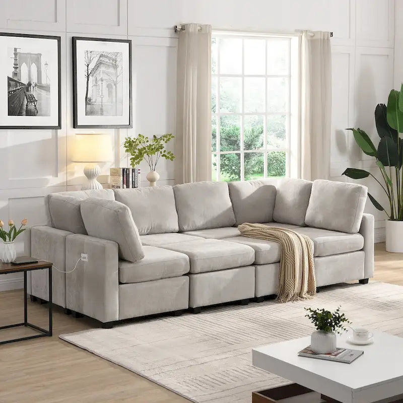 103 Sectional Sofa Couch Sofa Bed U-shaped Sofa with Two Movable Ottoman and Three USB Ports for Living Room, Beige