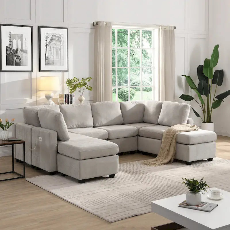 103 Sectional Sofa Couch Sofa Bed U-shaped Sofa with Two Movable Ottoman and Three USB Ports for Living Room, Beige