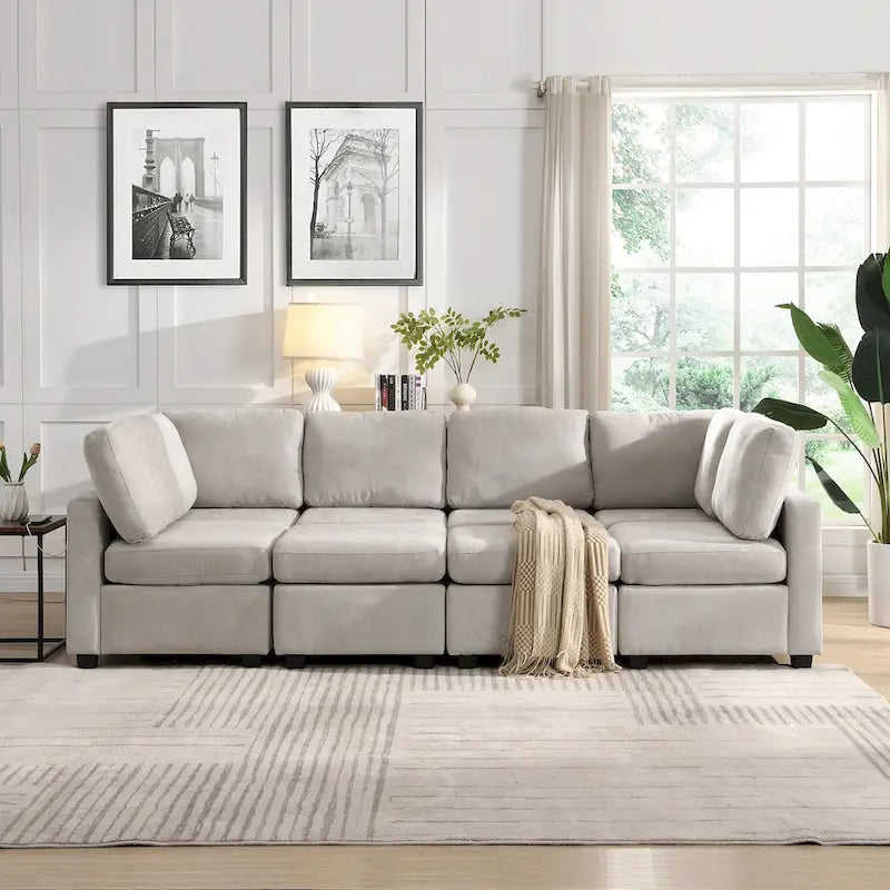 103 Sectional Sofa Couch Sofa Bed U-shaped Sofa with Two Movable Ottoman and Three USB Ports for Living Room, Beige