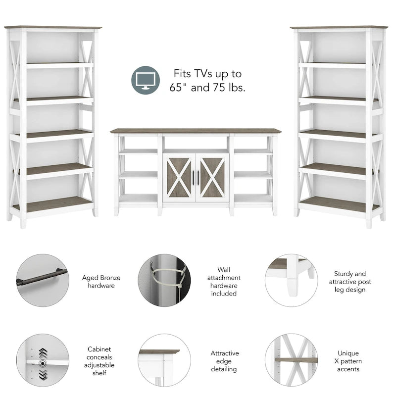 Tall Farmhouse TV Stand with 2 Bookcases by Bush Furniture