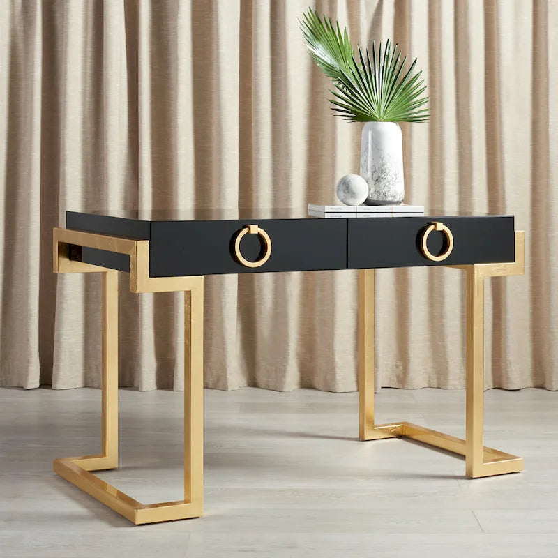 SAFAVIEH Couture Quyen Gold Leaf Black Lacquer 2-Drawer Storage Desk