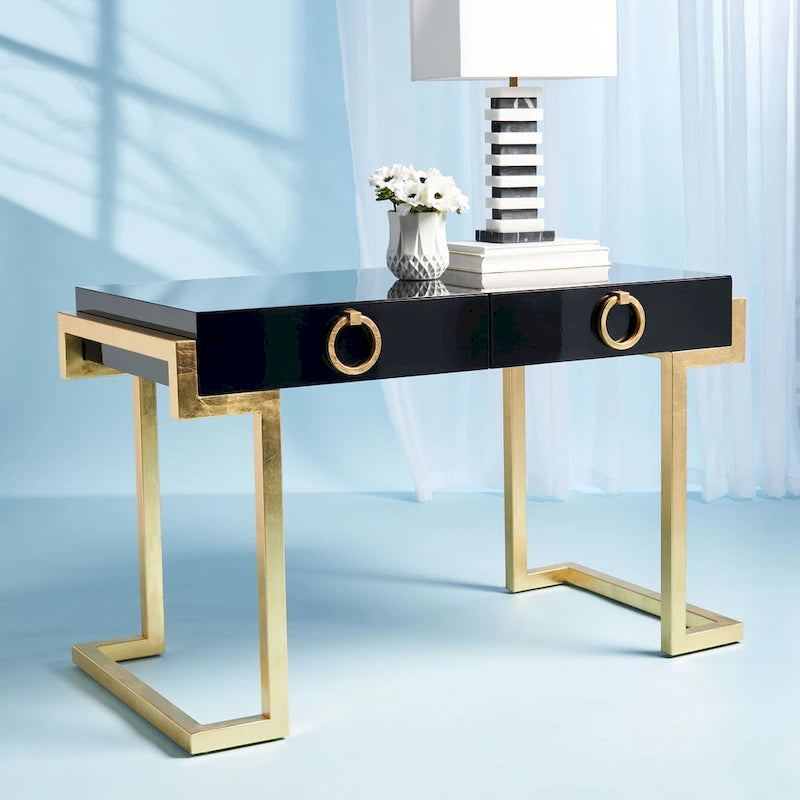 SAFAVIEH Couture Quyen Gold Leaf Black Lacquer 2-Drawer Storage Desk