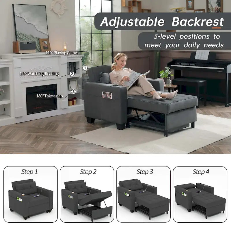 Futon Chair Bed Convertible Chair 3-in-1 Pull Out Sleeper Chair Beds for Living Room