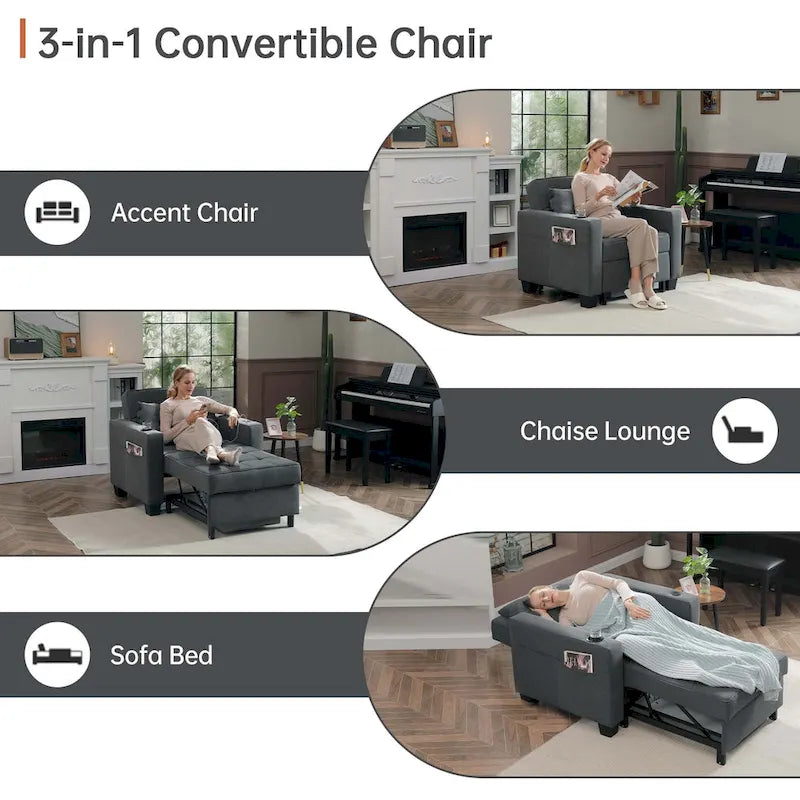Futon Chair Bed Convertible Chair 3-in-1 Pull Out Sleeper Chair Beds for Living Room