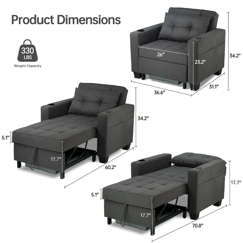 Futon Chair Bed Convertible Chair 3-in-1 Pull Out Sleeper Chair Beds for Living Room