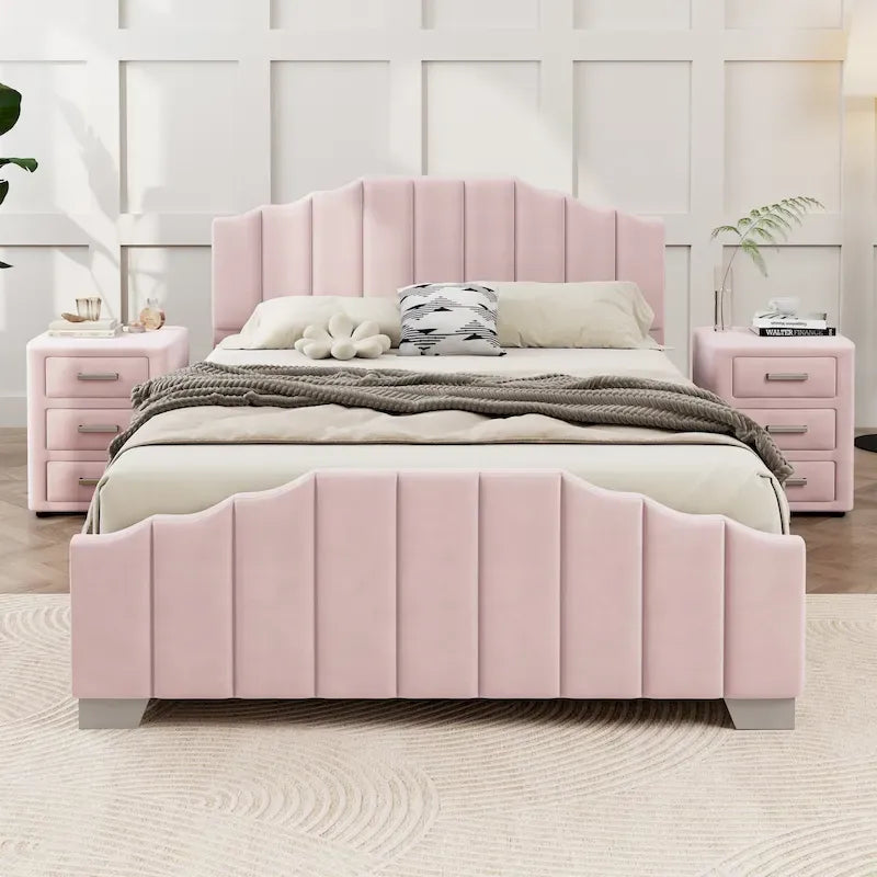 Modern King Size Upholstered Platform Bed with Quilted Headboard and Footboard, Wooden Frame, No Box Spring Needed