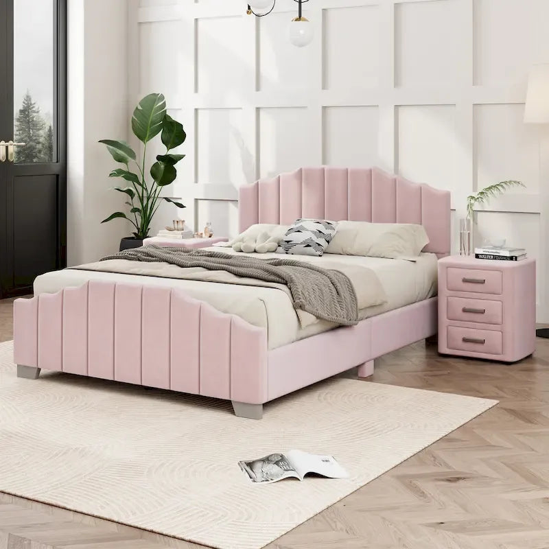 Modern King Size Upholstered Platform Bed with Quilted Headboard and Footboard, Wooden Frame, No Box Spring Needed