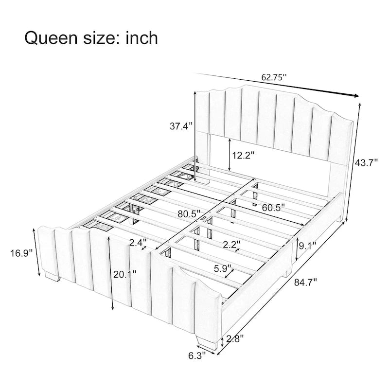 Modern King Size Upholstered Platform Bed with Quilted Headboard and Footboard, Wooden Frame, No Box Spring Needed