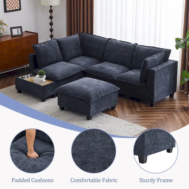 U-shaped Sectional Sofa Modular Sofa Couch with Movable Ottoman Coffee Table and Hidden Charging Devices for Living Room