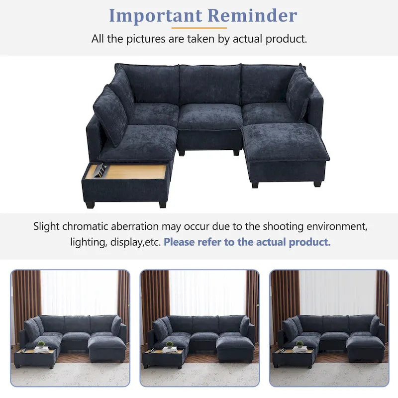 U-shaped Sectional Sofa Modular Sofa Couch with Movable Ottoman Coffee Table and Hidden Charging Devices for Living Room