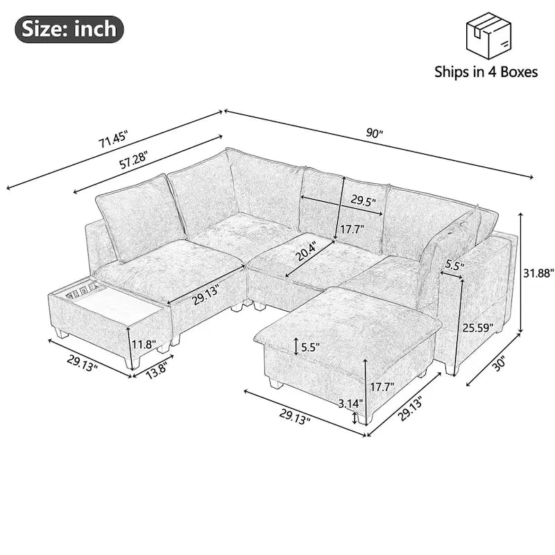 U-shaped Sectional Sofa Modular Sofa Couch with Movable Ottoman Coffee Table and Hidden Charging Devices for Living Room