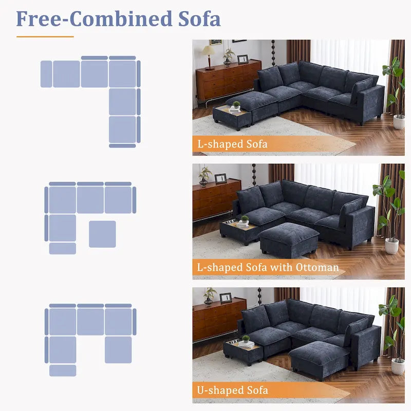 U-shaped Sectional Sofa Modular Sofa Couch with Movable Ottoman Coffee Table and Hidden Charging Devices for Living Room