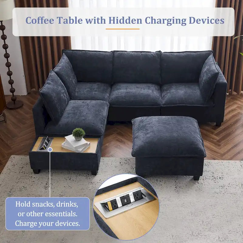 U-shaped Sectional Sofa Modular Sofa Couch with Movable Ottoman Coffee Table and Hidden Charging Devices for Living Room