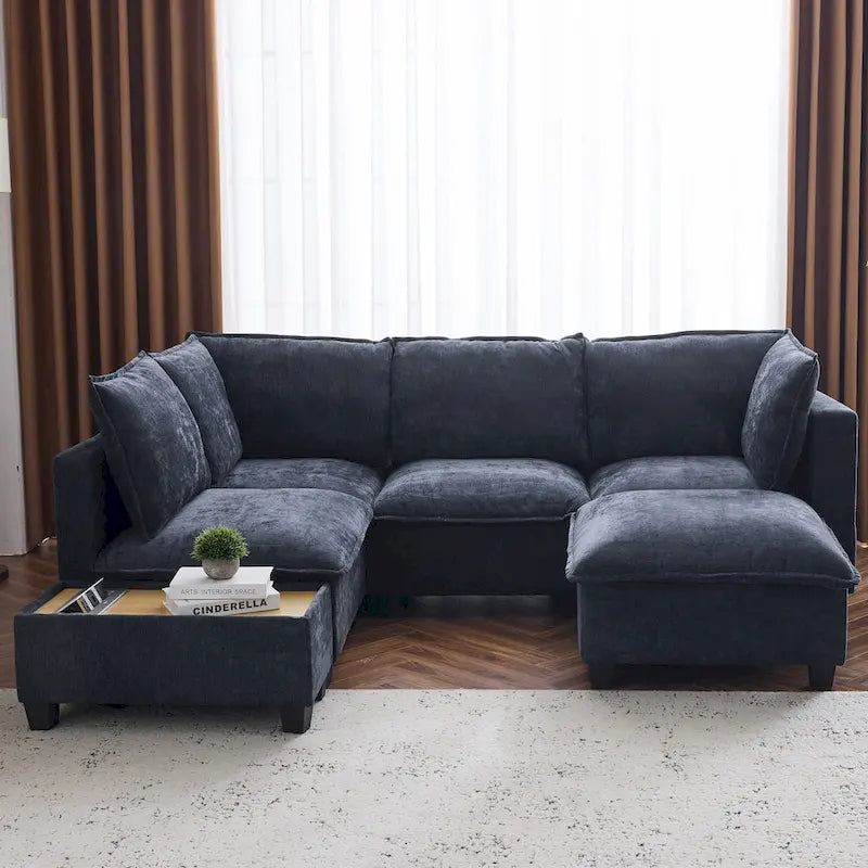 U-shaped Sectional Sofa Modular Sofa Couch with Movable Ottoman Coffee Table and Hidden Charging Devices for Living Room
