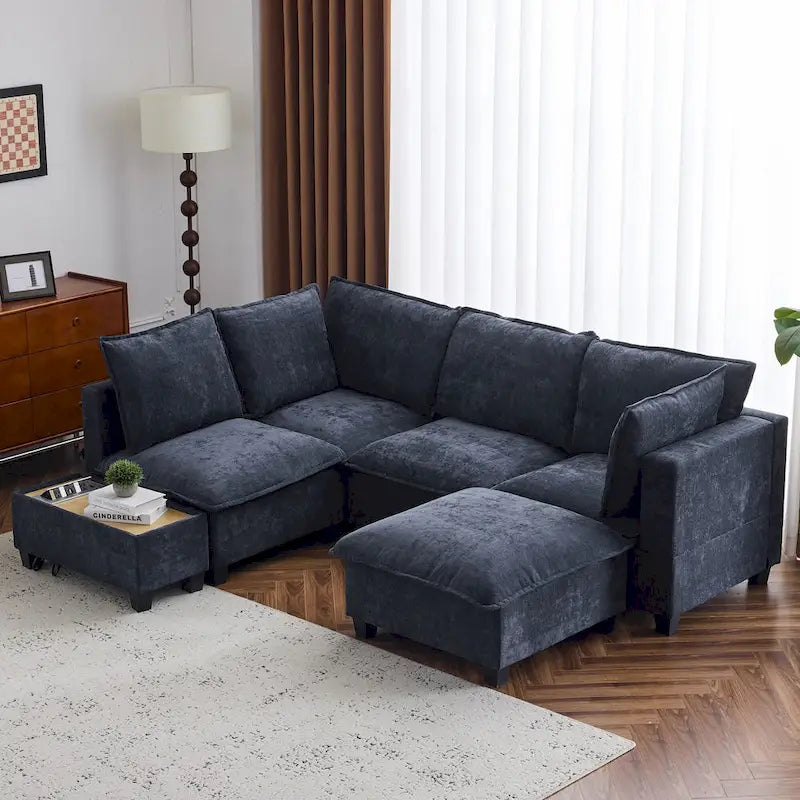 U-shaped Sectional Sofa Modular Sofa Couch with Movable Ottoman Coffee Table and Hidden Charging Devices for Living Room