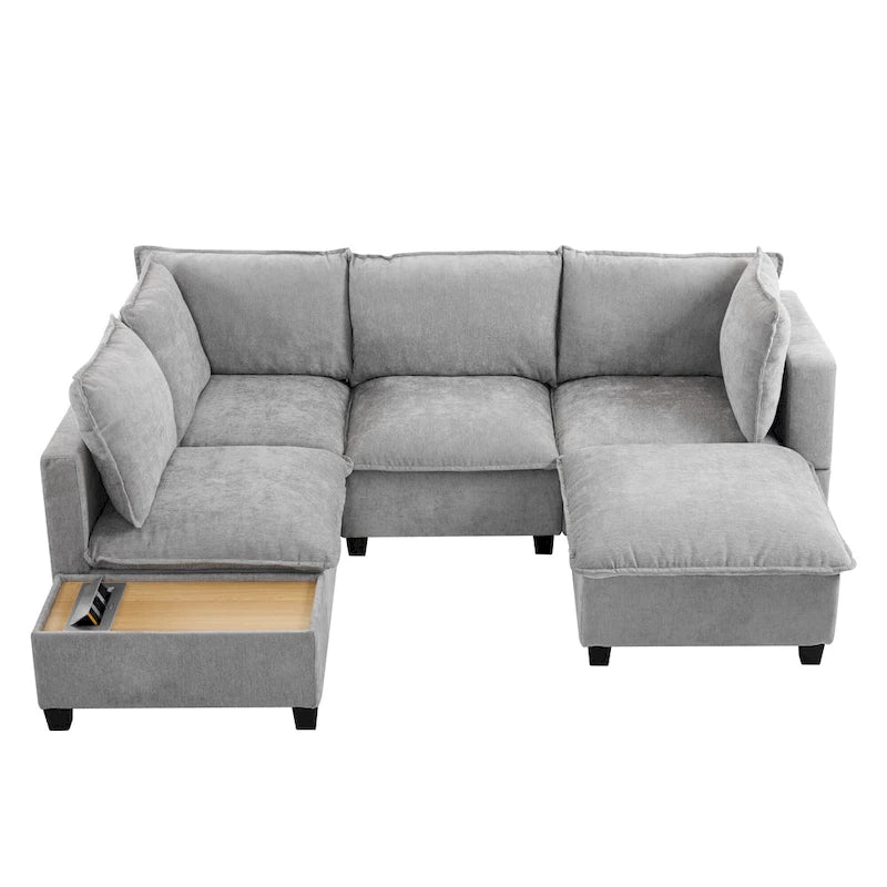 U-shaped Sectional Sofa Modular Sofa Couch with Movable Ottoman Coffee Table and Hidden Charging Devices for Living Room