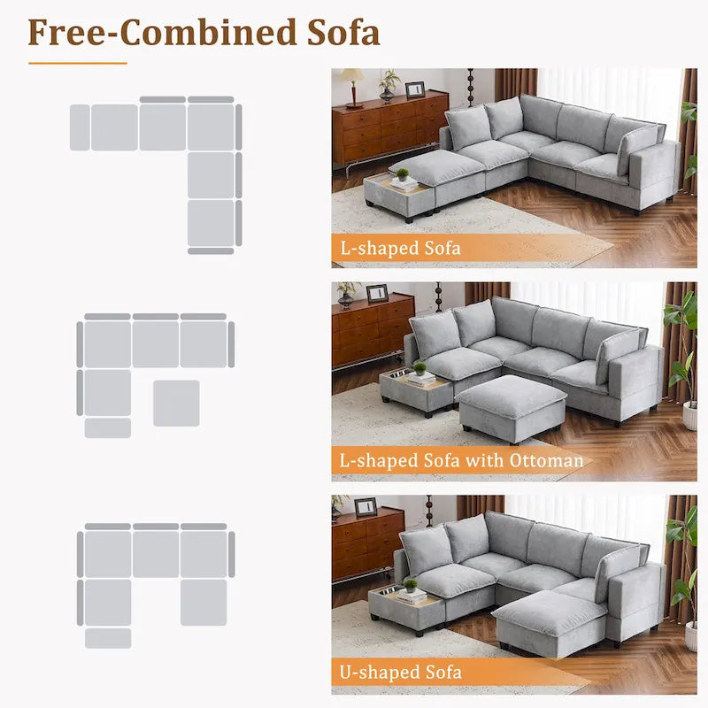 U-shaped Sectional Sofa Modular Sofa Couch with Movable Ottoman Coffee Table and Hidden Charging Devices for Living Room