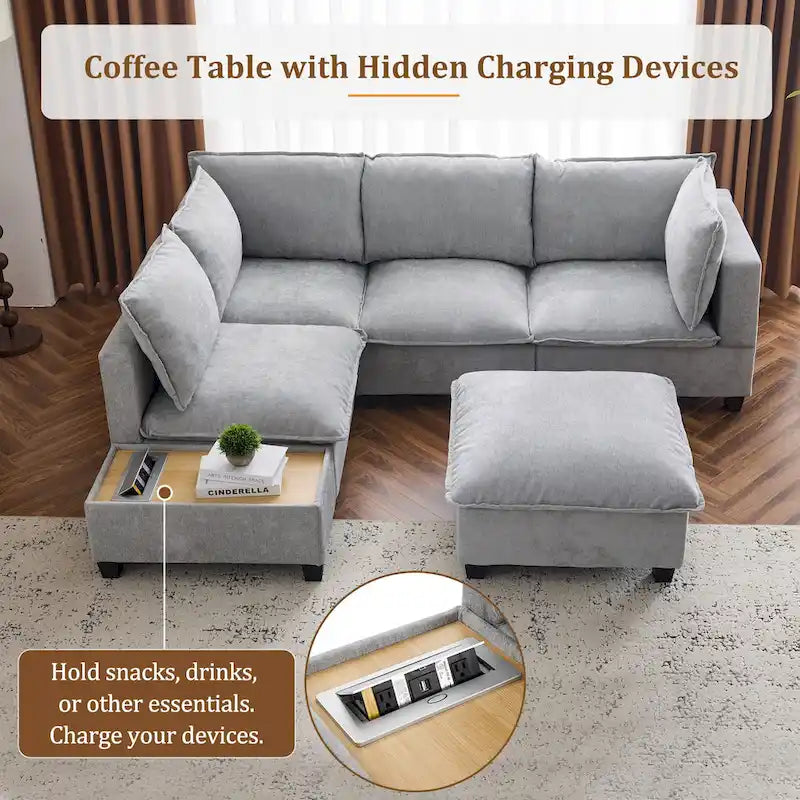 U-shaped Sectional Sofa Modular Sofa Couch with Movable Ottoman Coffee Table and Hidden Charging Devices for Living Room