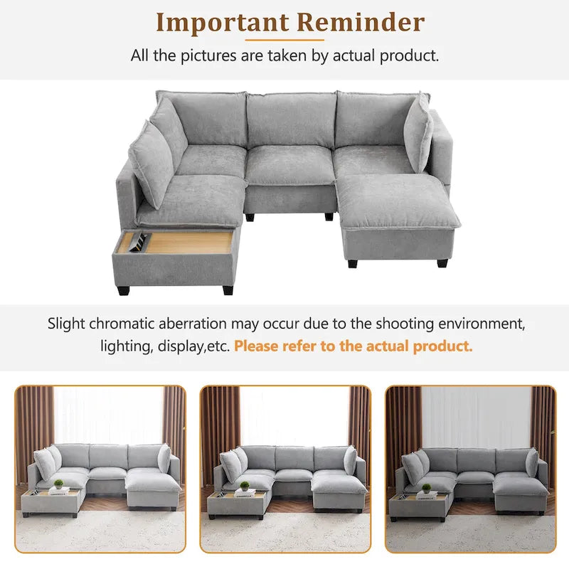 U-shaped Sectional Sofa Modular Sofa Couch with Movable Ottoman Coffee Table and Hidden Charging Devices for Living Room