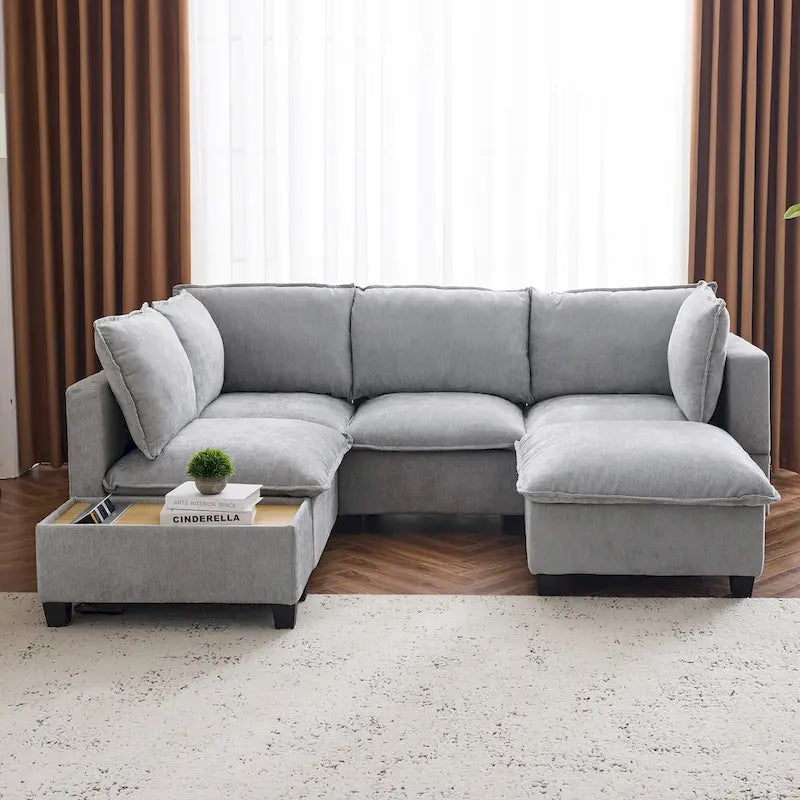 U-shaped Sectional Sofa Modular Sofa Couch with Movable Ottoman Coffee Table and Hidden Charging Devices for Living Room
