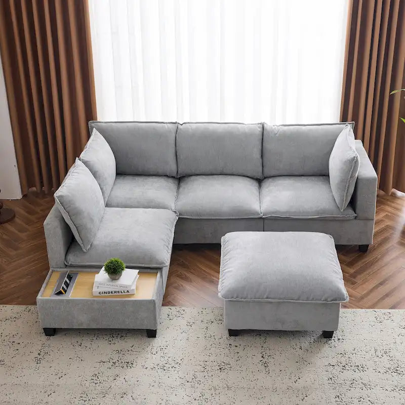 U-shaped Sectional Sofa Modular Sofa Couch with Movable Ottoman Coffee Table and Hidden Charging Devices for Living Room