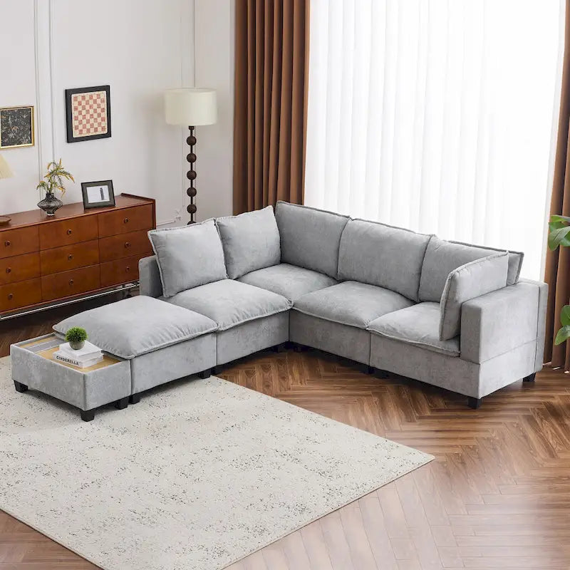 U-shaped Sectional Sofa Modular Sofa Couch with Movable Ottoman Coffee Table and Hidden Charging Devices for Living Room