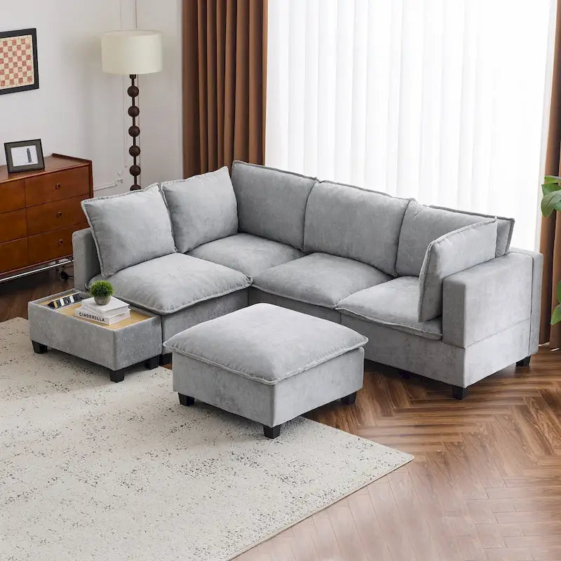 U-shaped Sectional Sofa Modular Sofa Couch with Movable Ottoman Coffee Table and Hidden Charging Devices for Living Room