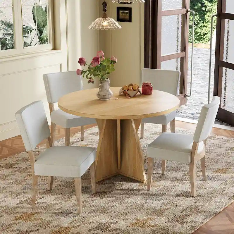 5-Piece Wooden Dining Table Set, Kitchen Table and Chairs Set, Round Table with Cross Base and 4 Upholstered Chairs