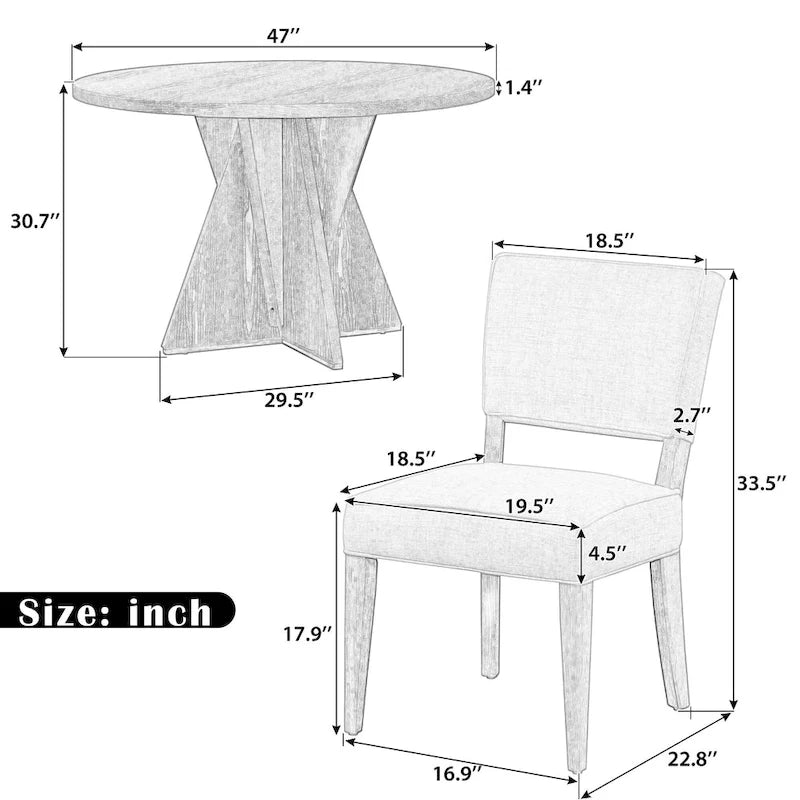 5-Piece Wooden Dining Table Set, Kitchen Table and Chairs Set, Round Table with Cross Base and 4 Upholstered Chairs
