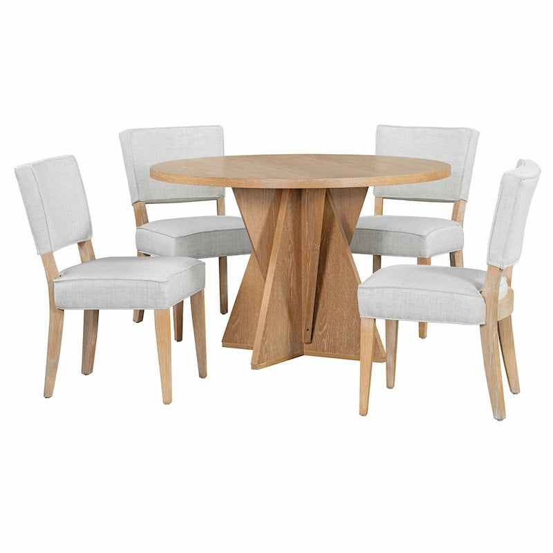 5-Piece Wooden Dining Table Set, Kitchen Table and Chairs Set, Round Table with Cross Base and 4 Upholstered Chairs