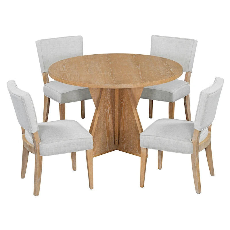 5-Piece Wooden Dining Table Set, Kitchen Table and Chairs Set, Round Table with Cross Base and 4 Upholstered Chairs