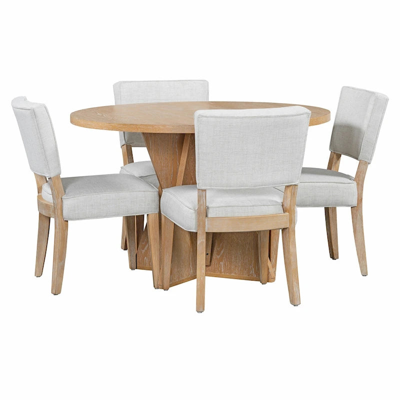 5-Piece Wooden Dining Table Set, Kitchen Table and Chairs Set, Round Table with Cross Base and 4 Upholstered Chairs