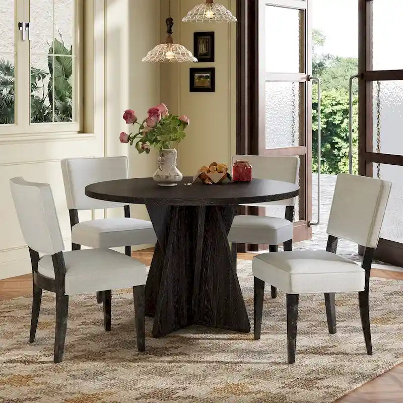 5-Piece Wooden Dining Table Set, Kitchen Table and Chairs Set, Round Table with Cross Base and 4 Upholstered Chairs