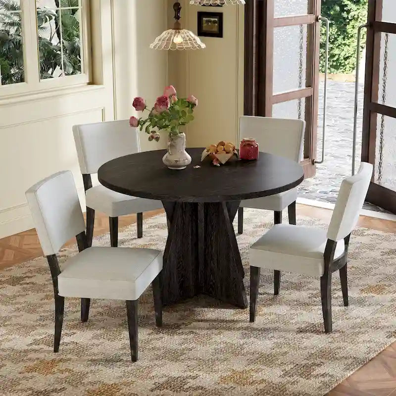 5-Piece Wooden Dining Table Set, Kitchen Table and Chairs Set, Round Table with Cross Base and 4 Upholstered Chairs