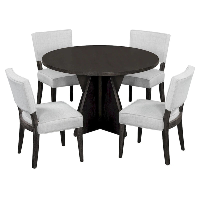 5-Piece Wooden Dining Table Set, Kitchen Table and Chairs Set, Round Table with Cross Base and 4 Upholstered Chairs