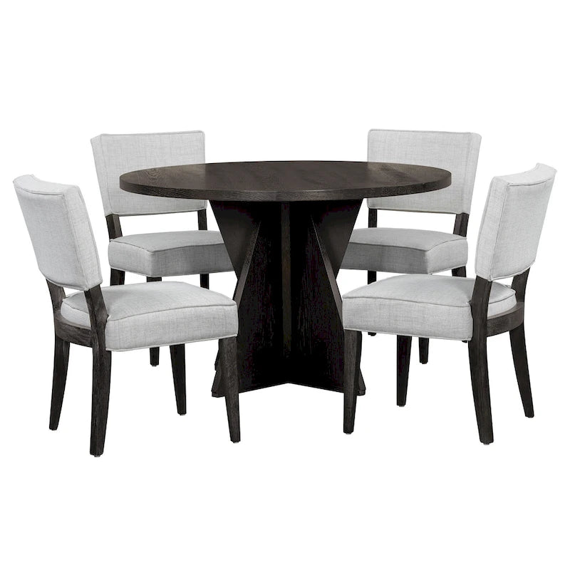 5-Piece Wooden Dining Table Set, Kitchen Table and Chairs Set, Round Table with Cross Base and 4 Upholstered Chairs